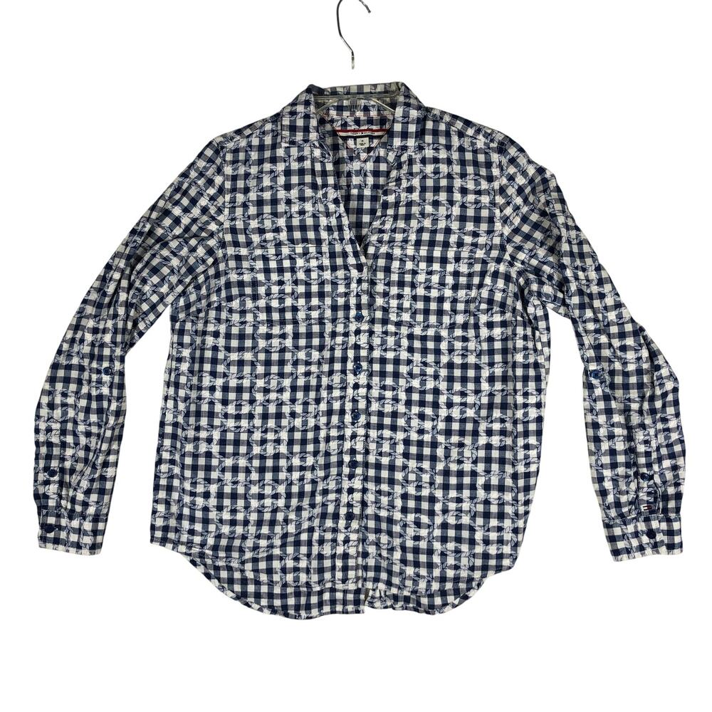 Tommy Hilfiger Shirt Womens Medium Western Rope Check Print Roll Tab Blue White